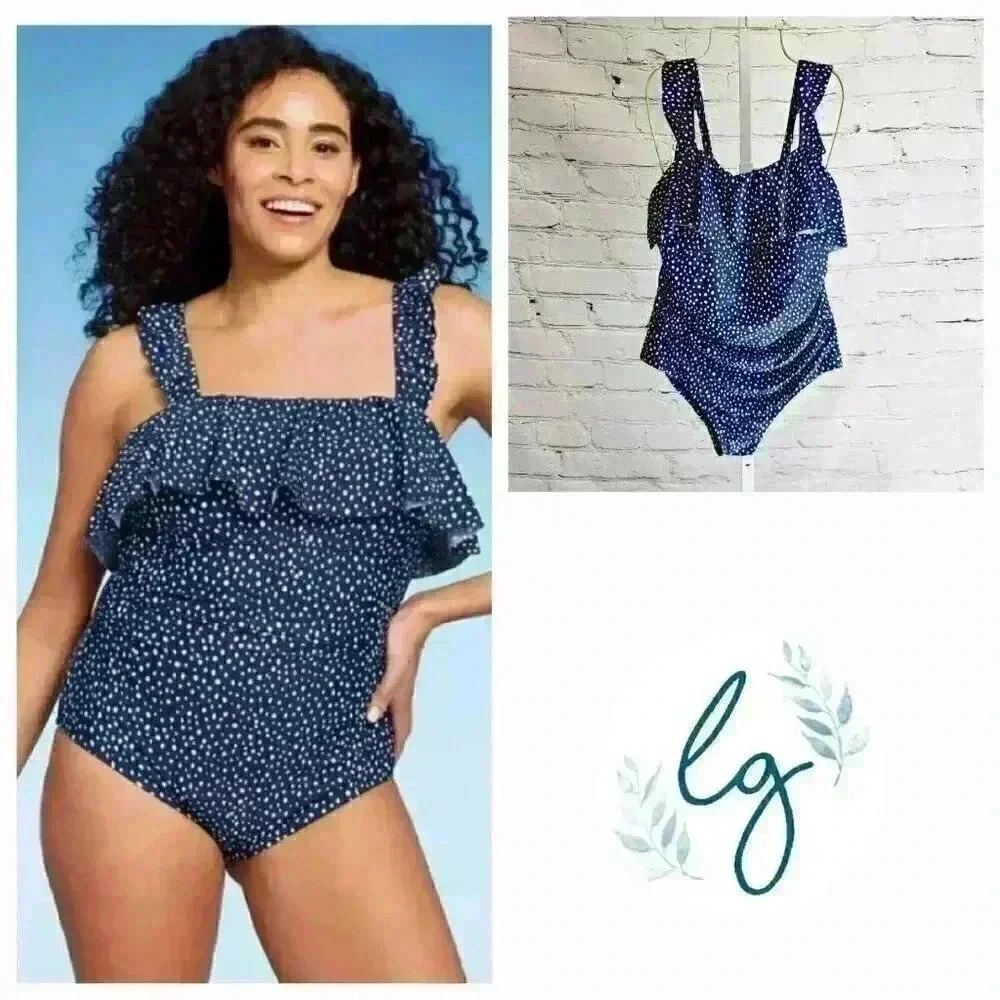 Kona Sol Women's Polka Dot Ruffle Shoulder One Piece Swimsuit, BT7-S